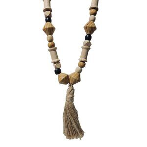Boho Handmade Wooden Bead Tassel Chunky Necklace Geometric Shapes Jewelry Women